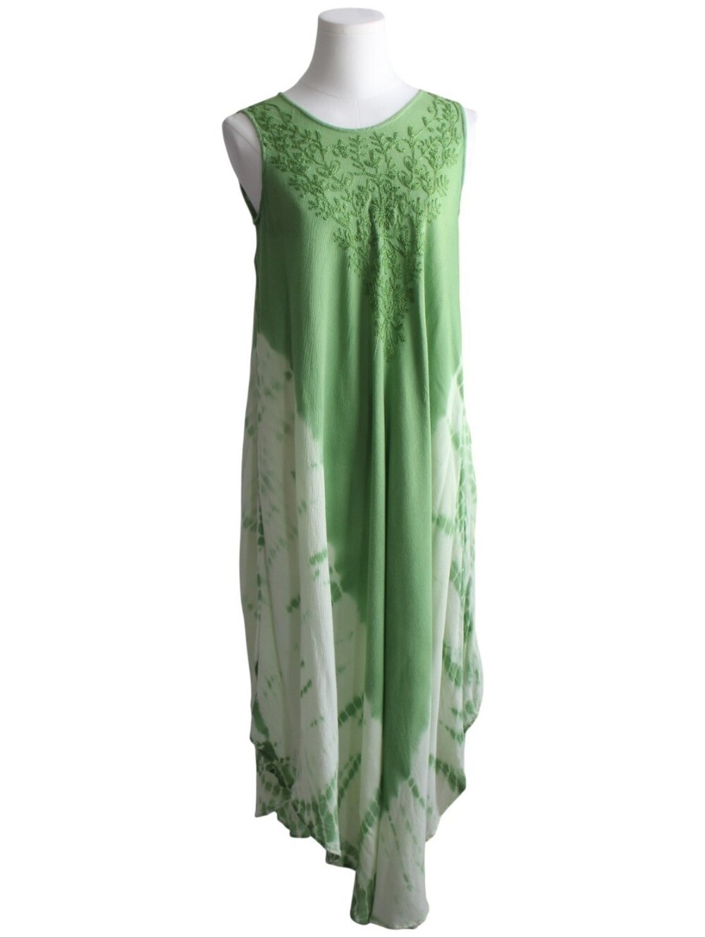 Collections Etc Green Tie Dye Embroidered Boho Maxi Dress Size Small